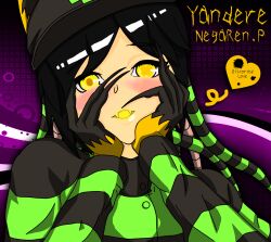  animal_ears anime_coloring asymmetrical_eyes black_dress black_hair black_hands black_hat blush colored_extremities cross djkurara_various dress drop_shadow english_text fang fingernails fox_ears glowing_mouth green_dress hair_extensions hair_tubes hat heart highres lapfox_trax long_fingernails negaren parody personification pupils purple_background skin_fang striped_clothes striped_dress style_parody tentacle_hair x-shaped yandere yandere_trance yellow_eyes yellow_hands 