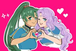  2girls :d ;d armor blue_dress blue_eyes blush_stickers breastplate china_dress chinese_clothes circlet cropped_torso dress earrings english_commentary fire_emblem fire_emblem:_the_blazing_blade florina_(fire_emblem) green_eyes green_hair hair_tubes heart heart_hands heart_hands_duo high_ponytail highres jewelry long_hair lyn_(fire_emblem) mandarin_collar multiple_girls one_eye_closed outline pauldrons pink_background ponytail purple_hair shanghai_neckline shirt short_sleeves shoulder_armor smile sparkle teeth turtleneck turtleneck_shirt undershirt upper_body upper_teeth_only very_long_hair wavy_hair white_outline yancadoodles 