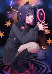  1girl absurdres black_boots black_hairband black_shirt black_skirt blue_eyes boots colored_inner_hair commentary_request diamond_hairband gradient_hair hairband halo heterochromia highres holding holding_microphone hololive hololive_english laaaw444 microphone multicolored_hair ninomae_ina'nis ninomae_ina'nis_(drawn_to_dawn) official_alternate_costume official_alternate_hairstyle open_mouth pink_eyes pink_hair pleated_skirt purple_hair shirt skirt squatting takodachi_(ninomae_ina'nis) teeth tentacle_hair yellow_halo 
