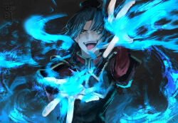  1girl absurdres avatar:_the_last_airbender avatar_legends azula black_hair blue_fire braid braided_ponytail fire hair_bun highres lipstick makeup pyrokinesis red_lips single_hair_bun sleemonkv solo topknot 