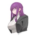  1girl black_coat breasts closed_mouth coat cropped_torso fern_(sousou_no_frieren) half-closed_eyes large_breasts long_hair looking_at_viewer purple_hair rounan58287 shirt simple_background solo sousou_no_frieren violet_eyes white_background white_shirt 