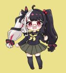  1girl :d ahoge black_hair black_ribbon black_sailor_collar black_shirt black_thighhighs blush brown_footwear brown_skirt chibi clenched_hands commentary_request cosplay full_body glasses grey_hair hair_bobbles hair_ornament hair_ribbon highres loafers long_hair long_sleeves looking_at_viewer multicolored_hair neckerchief nijisanji nozo_(hitomiz) persona persona_4 pleated_skirt red-framed_eyewear red_eyes redhead ribbon sailor_collar school_uniform semi-rimless_eyewear serafuku shirt shoes sidelocks simple_background skirt smile solo standing streaked_hair teeth thigh-highs twintails two-tone_hair under-rim_eyewear upper_teeth_only very_long_hair virtual_youtuber yellow_background yellow_neckerchief yorumi_rena 