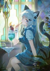  1girl animal_ear_fluff animal_ears blue_dress blue_eyes braid breasts cake cat_ears cat_girl cat_tail commentary dress fish_hair_ornament food frilled_wrist_cuffs frills grey_hair hair_ornament hairclip holding holding_spoon ice_cream looking_at_viewer medium_breasts nagu original short_sleeves sitting solo spoon stained_glass sundae tail untranslatable_commentary window wrist_cuffs 