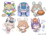  &gt;_&lt; +_+ 6+girls :&lt; :d :o animal_ears animal_on_head apron arm_up artist_name ball_octopus_(genshin_impact) bandaged_leg bandages beret blue_apron blue_eyes blue_headwear blue_jacket blush blush_stickers bright_pupils brown_hair brown_ribbon brown_shirt closed_eyes closed_mouth commentary_request cooking_pot crossed_bangs elphane_(genshin_impact) emphasis_lines fish fishing fishing_rod flower_(symbol) food genshin_impact grey_hair guu_tara3 hair_between_eyes hands_up hat highres holding holding_fishing_rod holding_paintbrush hugging_own_legs iara_(genshin_impact) jacket knees_up light_brown_hair long_sleeves looking_at_viewer looking_back mamere_(genshin_impact) melusine_(genshin_impact) menthe_(genshin_impact) multiple_girls neck_ribbon octopus on_head open_mouth paint_on_clothes paint_splatter paintbrush palette_(object) parted_bangs peaked_cap pink_eyes purple_hair red_headwear red_jacket ribbon screw shirt short_hair simple_background sitting sleeve_cuffs smile sparkle steam swept_bangs tail twitter_username verenata_(genshin_impact) violet_eyes water white_background white_pupils xana_(genshin_impact) yellow_eyes 