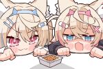  2girls :3 animal_ear_fluff animal_ears black_jacket blonde_hair blue_eyes blue_hair blush chibi dog_ears dog_girl food fuwawa_abyssgard hair_ornament hairpin highres hololive hololive_english jacket kukie-nyan looking_at_viewer medium_hair mococo_abyssgard multicolored_hair multiple_girls nattou open_mouth pink_eyes pink_hair siblings sidelocks sisters smile streaked_hair twins two_side_up virtual_youtuber x_hair_ornament 