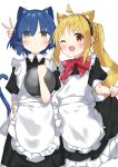  2girls ;d absurdres ahoge animal_ear_fluff animal_ears apron black_dress black_hairband blonde_hair blue_hair bocchi_the_rock! bow braid brown_eyes cat_ears cat_girl cat_tail closed_mouth collared_dress commentary_request dress eyes_visible_through_hair frilled_apron frills hair_ornament hair_over_one_eye hairband hairclip highres holding holding_tray ijichi_nijika kemonomimi_mode long_hair looking_at_viewer maid maid_apron multiple_girls one_eye_closed puffy_short_sleeves puffy_sleeves red_bow red_eyes short_sleeves side_ponytail simple_background smile suta0822 tail tray v v-shaped_eyebrows very_long_hair white_apron white_background yamada_ryo 