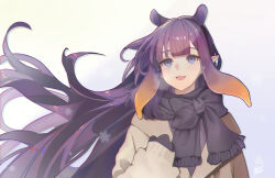  1girl :d absurdres alternate_costume black_gloves black_scarf blue_eyes blunt_bangs breath brown_jacket commentary english_commentary fang floating_hair ghost_toastx gloves gradient_hair hand_up highres hololive hololive_english jacket long_hair mole mole_under_eye multicolored_hair ninomae_ina'nis open_mouth orange_hair purple_hair scarf sidelocks smile snowflakes solo tentacle_hair upper_body very_long_hair virtual_youtuber 