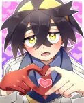  1boy black_hair blue_shirt collared_shirt commentary_request crossed_bangs gloves hair_between_eyes hairband hands_up heart heart_hands highres jacket kieran_(pokemon) kyouka._(kyouka) looking_at_viewer lower_teeth_only male_focus necktie open_mouth outline pokemon pokemon_(game) pokemon_sv purple_background red_gloves red_necktie shirt single_glove solo teeth tongue upper_body white_jacket yellow_eyes yellow_hairband 