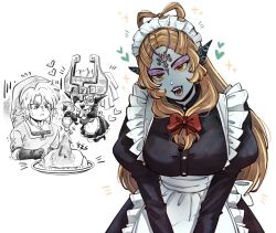  :d breasts cropped_torso dual_persona enmaided eyeshadow fangs food full_body gloom_(expression) hair_rings highres juliet_sleeves ketchup link long_sleeves maid maid_headdress makeup midna midna_(true) omelet omurice orange_hair pichichustudio puffy_sleeves purple_eyeshadow purple_lips simple_background smile the_legend_of_zelda the_legend_of_zelda:_twilight_princess upper_body white_background 