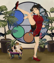  1girl 23el bike_shorts black_hair breasts calico_(pattern) calico_cat cat china_dress chinese_clothes clenched_hand commentary_request dress hair_bun highres indoors leg_lift light_frown medium_breasts original plant potted_plant red_dress red_shoes shoes short_dress short_hair short_sleeves solo stool 