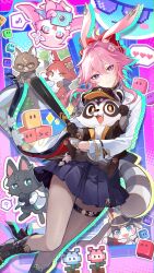  2boys 2girls 8_(e_uu88) absurdres baseball_bat black_boots black_pantyhose black_skirt boots commentary dan_heng_(honkai:_star_rail) dan_heng_(woof_woof_dan)_(honkai:_star_rail) english_commentary evanescia_(honkai:_star_rail) hat highres himeko_(himekat)_(honkai:_star_rail) himeko_(honkai:_star_rail) honkai:_star_rail honkai_(series) looking_at_viewer march_7th_(honkai:_star_rail) march_7th_(march_bunny)_(honkai:_star_rail) multiple_boys multiple_girls pantyhose pink_hair pom-pom_(honkai:_star_rail) raccoon second-party_source shirt short_hair skirt trailblazer_(baseball_raccoon)_(honkai:_star_rail) trailblazer_(honkai:_star_rail) violet_eyes welt_yang welt_yang_(fluffy) white_shirt 
