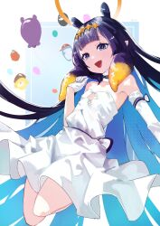  1girl :d absurdres alternate_costume balloon blonde_hair blunt_bangs detached_sleeves diamond_hairband dress flat_chest gloves gradient_hair hairband highres hololive hololive_english mole mole_under_eye multicolored_hair ninomae_ina'nis open_mouth pointy_ears purple_hair reim1k single_detached_sleeve smile solo takodachi_(ninomae_ina'nis) tentacle_hair virtual_youtuber white_dress white_gloves yellow_hairband 