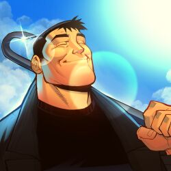  1boy billy_butcher black_hair black_jacket black_shirt blue_sky closed_eyes closed_mouth clouds cloudy_sky crowbar day highres holding holding_crowbar jacket male_focus open_mouth outdoors samemax shirt short_hair sky solo sunlight the_boys upper_body western_comics_(style) 