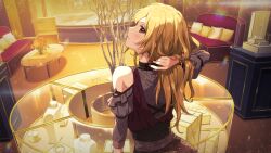  1girl arm_behind_head blonde_hair card_commentary commentary_request display_case earrings fingernails from_behind game_asset idolmaster idolmaster_million_live! idolmaster_million_live!_theater_days indoors jewelry long_hair looking_back momose_rio nail_polish official_alternate_costume official_art red_eyes red_nails shop solo standing third-party_source unworn_jewelry upper_body 