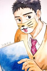  1boy black_eyes black_hair book buttons cardigan character_request collared_shirt commentary_request copyright_request covered_mouth dated fingernails highres holding holding_book inktober male_focus mask mouth_mask necktie open_book red_necktie shirt short_bangs short_hair simple_background solo traditional_media whiskers white_background youhe_hino 