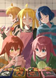  +_+ 5girls absurdres ahoge apron black_shirt blonde_hair blue_eyes blue_hair blue_jacket blush bocchi_the_rock! cellphone closed_eyes commentary_request cube_hair_ornament drink drink_carton drinking_straw food gotoh_hitori gotoh_hitori_(octopus) green_eyes green_hoodie hair_between_eyes hair_ornament happy highres holding holding_drink holding_phone hood hoodie ijichi_nijika ijichi_seika indoors jacket juice_box kessoku_band kita_ikuyo long_hair long_sleeves mole mole_under_eye multiple_girls one_side_up open_mouth parted_lips phone pink_apron pink_hair red_hair revision shirasuke_0822 shirt short_hair siblings sisters smartphone smile striped_clothes striped_jacket taking_picture yamada_ryo yawning 