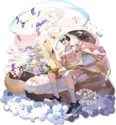  1boy :d arknights banknote black_hair cake coin confetti doughnut eyewear_on_head food full_body hair_between_eyes highres holding insider_(arknights) insider_(sweet_jackpot)_(arknights) jacket jacket_on_shoulders macaron male_focus money official_alternate_costume open_mouth oversized_food oversized_object pink_jacket pink_shorts shirt shoes short_hair short_sleeves shorts simple_background sitting smile sneakers socks solo streamers teeth ticket transparent_background trophy upper_teeth_only watch watch white_shirt white_socks yszx 