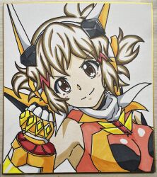  1girl artist_request bob_cut brown_eyes brown_hair closed_mouth fingerless_gloves gloves hair_between_eyes hair_ornament hairclip headgear highres leotard looking_at_viewer multiple_hairclips photo_(medium) scarf senki_zesshou_symphogear short_hair simple_background smile solo symphogear_pendant tachibana_hibiki_(symphogear) traditional_media tsurime v-shaped_eyebrows white_background white_gloves white_scarf 