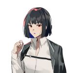  1girl black_hair black_jacket blue_hair cigarette collared_shirt colored_inner_hair hand_up highres holding holding_cigarette jacket jacket_on_shoulders limbus_company msx_(mis4xi) multicolored_hair parted_lips project_moon red_eyes ryoshu_(limbus_company) shirt short_hair simple_background solo white_background white_shirt 