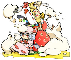  2girls arm_up blonde_hair blush_stickers chibi chibi_only closed_mouth flandre_scarlet food fork fruit grey_hair hair_between_eyes hat holding holding_fork hounori looking_at_viewer mob_cap multiple_girls open_mouth photoshop_(medium) puffy_short_sleeves puffy_sleeves red_eyes remilia_scarlet revision short_sleeves siblings sisters smile strawberry touhou 