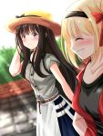  2girls belt black_bow black_hair black_shirt blonde_hair blurry blurry_background bow brown_belt closed_eyes commentary_request dating grey_shirt grin hair_ribbon hat hat_bow highres inoue_takina jacket long_hair looking_at_another lycoris_recoil multiple_girls nishikigi_chisato red_jacket red_ribbon ribbon road shirt short_hair smile street violet_eyes yellow_headwear yuri zakiwo_(rrxn8224) 