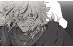  1boy 3377_byo_shi alter_servant armor blue_eyes braid commentary_request fate/strange_fake fate_(series) greyscale highres long_hair male_focus monochrome multicolored_hair open_mouth portrait richard_i_(fate) scar scar_on_face simple_background single_braid smile solo spot_color streaked_hair white_background 