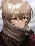  1girl absurdres alternate_costume blurry blurry_background brown_eyes brown_hair brown_scarf brown_sweater casual crossed_bangs fingerless_gloves gloves hair_ornament hairclip highres hololive hololive_english looking_at_viewer multicolored_hair nanashi_mumei open_mouth ponytail portrait pov red_sweater scarf snow snowing sseldne streaked_hair sweater virtual_youtuber 