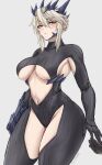  1girl absurdres artoria_pendragon_(fate) artoria_pendragon_(lancer_alter)_(fate) black_bodysuit blonde_hair blush bodysuit breasts cluhob eyebrows_hidden_by_hair fate/grand_order fate_(series) gauntlets hair_between_eyes highres horns large_breasts looking_at_viewer navel pale_skin sideboob sidelocks single_gauntlet solo stomach tight_clothes under_boob yellow_eyes 