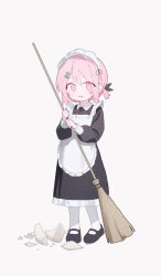  1girl apron black_dress black_ribbon black_shoes bone_hair_ornament broken_cup broom commentary_request doribae dress fish_hair_ornament full_body hair_between_eyes hair_ornament hairclip highres holding holding_broom looking_at_viewer maid maid_apron maid_headdress open_mouth original pink_eyes pink_hair ribbon shoes simple_background solo standing tearing_up thigh-highs white_background white_thighhighs 