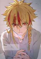  1boy ahoge blonde_hair blood blood_on_face braid braided_ponytail fate/strange_fake fate_(series) grey_background highres hina_nnn long_hair looking_at_viewer male_focus multicolored_hair open_mouth red_eyes red_streaks richard_i_(fate) shirt single_braid solo streaked_hair upper_body 