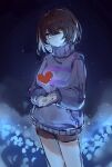  1girl absurdres brown_hair brown_shorts commentary cowboy_shot dark dark_background english_commentary flower frisk_(undertale) heart highres long_sleeves looking_at_viewer object_floating_above_hand orange_eyes purple_sweater short_hair shorts sketch solo standing sweater turtleneck turtleneck_sweater undertale xi_nai 