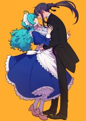  1boy 1girl ahoge alternate_costume apron aqua_hair arm_around_another's_waist back_bow bib_collar black_coat black_pants black_ribbon black_shoes blue_bow blue_dress blush bow bowtie butler closed_mouth coat collared_dress collared_shirt commentary_request dress dress_shoes enmaided ensemble_stars! face-to-face floating_hair fluffy_hair frilled_apron frilled_dress frills full_body genderswap genderswap_(mtf) gon_jiri green_eyes hair_between_eyes hair_bow hair_ribbon hand_on_another's_arm hand_on_another's_back hand_on_another's_cheek hand_on_another's_face height_difference hetero imminent_kiss juliet_sleeves kanzaki_souma long_dress long_hair long_sleeves looking_at_another low_twintails maid maid_headdress male_focus mary_janes nervous_sweating pants parted_bangs pink_bow pink_bowtie pink_shoes ponytail puffy_sleeves ribbon shinkai_kanata shirt shoes sidelocks standing sweat twintails v-shaped_eyebrows violet_eyes waist_apron wavy_hair white_bow white_shirt wide-eyed yellow_background 