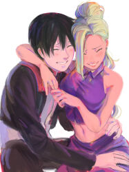  1boy 1girl absurdres arm_around_another's_waist arm_around_neck bare_shoulders black_hair black_jacket blonde_hair breasts closed_eyes collared_shirt commentary couple crop_top english_commentary grin hair_over_one_eye happy hetero high_ponytail highres jacket long_hair long_sleeves medium_breasts midriff naruto_(series) naruto_shippuuden navel ponytail purple_shirt purple_skirt sai_(naruto) shirt short_hair simple_background skirt sleeveless sleeveless_shirt smile white_background xmonday_mintx yamanaka_ino 