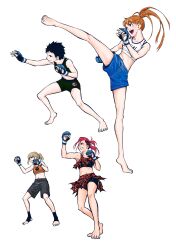  4girls absurdres animal_print barefoot black_hair black_sports_bra blonde_hair blue_eyes blue_gloves commentary_request fingerless_gloves gloves hanakaku highres leopard_print matsukaku mixed_martial_arts mma_gloves multiple_girls orange_sports_bra ponytail red_hair shorts sports_bra white_sports_bra 