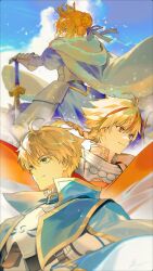  1girl 2boys ahoge armor armored_dress arthur_pendragon_(fate) artoria_pendragon_(fate) blonde_hair blue_eyes blue_sky braid braided_base braided_ponytail bun_with_braided_base cape clouds commentary_request crown day dress fate/strange_fake fate_(series) faulds gauntlets hair_between_eyes hair_bun hair_ribbon hand_on_hilt highres korean_commentary long_hair multicolored_hair multiple_boys outdoors red_eyes red_streaks ribbon richard_i_(fate) saber_(fate) saeldam single_braid sky smile streaked_hair sword weapon 