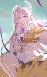  1girl absurdres blue_sky commentary cyrene_(demiurge)_(honkai:_star_rail) cyrene_(honkai:_star_rail) diamond-shaped_pupils diamond_(shape) dress enqiddo flower hair_flower hair_ornament highres holding_wheat honkai:_star_rail honkai_(series) long_hair on_swing pink_hair sky smile solo swing symbol-shaped_pupils very_long_hair violet_eyes wheat_field white_dress 