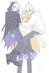  ! 3boys :o ^_^ absurdres arm_around_neck bandaid bandaid_on_cheek bandaid_on_face black_boots black_choker black_coat black_gloves black_nails black_pants black_sclera black_shirt blonde_hair blue_eyes blue_pants blue_shoes boots casual choker closed_eyes closed_mouth coat coat_on_shoulders colored_sclera commentary_request contemporary dog_tags feet_out_of_frame fingerless_gloves flame_reaver_of_the_deepest_dark fumuyou gloves hair_between_eyes hair_over_one_eye hand_on_another's_head hand_on_another's_shoulder highres honkai:_star_rail honkai_(series) hood hood_down hood_up hooded_coat hoodie lace-up_boots loading_icon long_sleeves looking_at_viewer male_focus multiple_boys multiple_persona nail_polish pants parted_lips phainon_(honkai:_star_rail) phainon_(khaslana)_(honkai:_star_rail) shirt shoes short_hair simple_background sneakers sun_print sweat torn_clothes torn_coat torn_pants torn_shirt turtleneck white_background white_coat white_eyes white_hair white_hoodie white_shirt yellow_pupils 