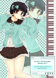  1girl alternate_costume alternate_eye_color black_hair blunt_bangs blush_stickers bow bowl_cut brown_eyes brown_skirt cardigan closed_mouth cowboy_shot dot_mouth dot_nose english_commentary fan_request frilled_skirt frills genderswap genderswap_(mtf) green_background green_cardigan hair_bow hands_on_own_cheeks hands_on_own_face highres kageyama_shigeo looking_at_viewer miniskirt mob_psycho_100 mobpsychover multiple_hair_bows outline piano_keys pleated_skirt polka_dot polka_dot_background request_inset short_hair skirt sleeves_past_wrists socks strawpage sweater two-tone_bow white_outline white_socks white_sweater zoom_layer 