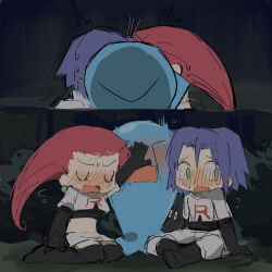  1boy 1girl blue_eyes blue_hair blush chibi closed_eyes commentary_request earrings embarrassed green_eyes highres james_(pokemon) jessie_(pokemon) jewelry pokemon pokemon_(anime) pokemon_(creature) sitting wobbuffet xian_(axxxx-721) 