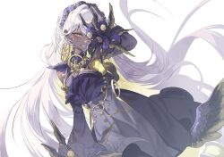 1girl arcaea bare_shoulders black_dress dark_skin detached_collar detached_sleeves dress frilled_hairband frilled_sleeves frills gold_trim hairband helena_(arcaea) highres large_earrings long_hair noranheart puffy_sleeves simple_background sleeveless sleeveless_dress solo spool upper_body very_long_hair white_background white_hair winged_sleeves wings yellow_eyes 