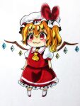  1girl :3 amegnco3 ascot blonde_hair blush bow chibi closed_mouth collared_shirt flandre_scarlet frilled_skirt frills full_body hair_between_eyes hat hat_bow hat_ribbon highres light_smile medium_hair multicolored_wings one_side_up puffy_short_sleeves puffy_sleeves red_bow red_eyes red_footwear red_ribbon red_skirt red_vest ribbon shirt short_sleeves skirt skirt_set socks solo touhou vest white_background white_headwear white_shirt white_socks wings yellow_ascot 