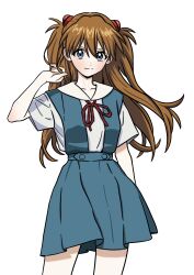  1girl blue_eyes blue_skirt breasts clipse commentary hair_between_eyes hair_ornament highres long_hair looking_at_viewer neck_ribbon neon_genesis_evangelion orange_hair red_ribbon ribbon school_uniform shirt short_sleeves simple_background skirt solo souryuu_asuka_langley tokyo-3_middle_school_uniform two_side_up white_background white_shirt 