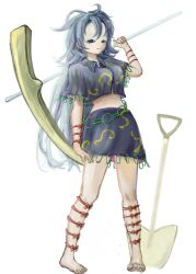  1girl arm_at_side arm_bow barefoot bow closed_mouth commentary_request crop_top full_body grey_hair grey_shirt grey_skirt hand_up highres himemushi_momoyo holding holding_pickaxe jewelry leg_bow legs_apart long_hair looking_at_viewer midriff miniskirt narrowed_eyes omaega_chan pickaxe red_bow ring shirt short_sleeves shovel simple_background skirt smile solo standing touhou white_background 