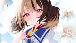  1girl absurdres ahoge blonde_hair brown_hair cloak commentary enigmatic_recollection gigi_murin gigi_murin_(1st_costume) hakos_baelz hand_up highres hololive hololive_english hoshi_usagi irys_(hololive) koseki_bijou looking_at_viewer mori_calliope multicolored_hair nanashi_mumei ninomae_ina'nis parted_lips pink_eyes puzzle_piece short_hair short_twintails solo twintails two-tone_hair untranslatable_commentary virtual_youtuber watson_amelia white_cloak 