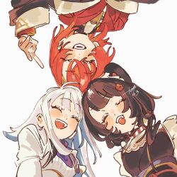  3girls :d ^_^ ange_katrina ange_katrina_(1st_costume) animal_ears blue_hair blue_neckerchief blush_stickers brown_hair brown_kimono circle_formation closed_eyes colored_inner_hair commentary_request crossed_bangs dog_ears eddke9s4ik52530 flower group_picture hair_flower hair_ornament hand_up highres inui_toko inui_toko_(1st_costume) japanese_clothes kimono lize_helesta lize_helesta_(1st_costume) long_bangs long_hair long_sidelocks long_sleeves medium_hair multicolored_hair multiple_girls neckerchief nijisanji open_mouth red_hair red_shirt sanbaka_(nijisanji) shirt sidelocks signature simple_background smile two-tone_hair v virtual_youtuber white_background white_hair white_shirt 