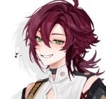  1boy absurdres ahoge bare_shoulders bishounen black_choker brown_hair choker commentary genshin_impact green_eyes grin hair_between_eyes highres looking_at_viewer low_ponytail male_focus medium_hair mole mole_under_each_eye mole_under_eye multicolored_hair multiple_moles musical_note portrait redhead shikanoin_heizou simple_background smile solo spoken_musical_note streaked_hair symbol-only_commentary teeth two-tone_hair unishuri white_background 