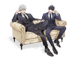  2boys belt black_belt black_footwear black_hair black_jacket black_necktie black_pants black_socks black_suit black_vest blue_eyes blue_jacket blue_pants blue_suit blue_vest closed_mouth collared_shirt couch formal full_body fushiguro_megumi gojou_satoru hand_up jacket jujutsu_kaisen long_sleeves looking_at_viewer male_focus multiple_boys necktie pants satsuki_g shirt shoes short_hair simple_background sitting smile socks suit vest white_background white_hair white_shirt 