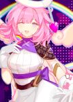  1girl ;d annnnq blue_eyes breasts brown_wings commentary_request detached_wings dress elysia_(honkai_impact) gloves halo hand_up heart highres honkai_(series) honkai_impact_3rd looking_at_viewer medium_breasts mini_wings one_eye_closed pink_hair pointy_ears polka_dot polka_dot_background purple_background smile solo star_(symbol) starry_background white_dress white_gloves wings 