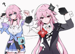  2girls ? archery_shooting_glove black_choker black_dress black_flower black_gloves blue_eyes blue_jacket blue_skirt breasts camera choker closed_mouth commentary_request cowboy_shot dress dual_persona earrings evernight_(honkai:_star_rail) expressionless flower frown gloves hair_between_eyes hair_flower hair_ornament hairclip hands_up highres honkai:_star_rail honkai_(series) jacket jewelry lonely_lonely_dance_(meme) long_hair march_7th_(honkai:_star_rail) march_7th_(preservation)_(honkai:_star_rail) medium_breasts meme multicolored_eyes multiple_girls parallel_hairclips partially_fingerless_gloves pink_eyes pink_hair pleated_skirt red_eyes shirt simple_background single_earring single_glove skirt suisan_0105 tied_jacket toe_scrunch twitter_username two-tone_eyes upper_body very_long_hair white_background white_shirt 