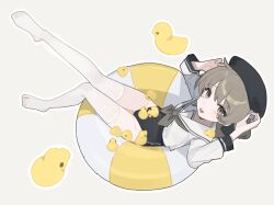  1girl ar2a barefoot beret bird black_neckerchief black_skirt commentary duck feet full_body grey_hair hat hatoba_tsugu innertube legs_up looking_at_viewer lying neckerchief on_back open_mouth rubber_duck sailor_collar sailor_shirt school_uniform serafuku shirt short_hair simple_background skirt smile solo swim_ring tsugu_(vtuber) untranslatable_commentary white_background yellow_eyes 